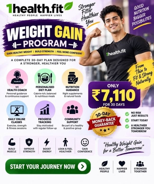 1HEALTH.FIT Weight Gain Program – 30-Day Personalized Diet Plan, Nutrition Guidance, 1:1 Health Coach, Online Fitness Classes & Progress Tracking